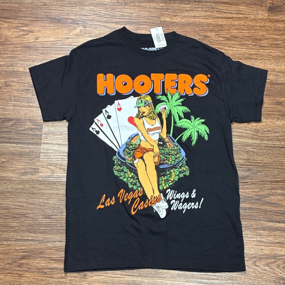Hooters Las Vegas Casino Wings & Wagers Graphic T-Shirt Men's M Black NWT